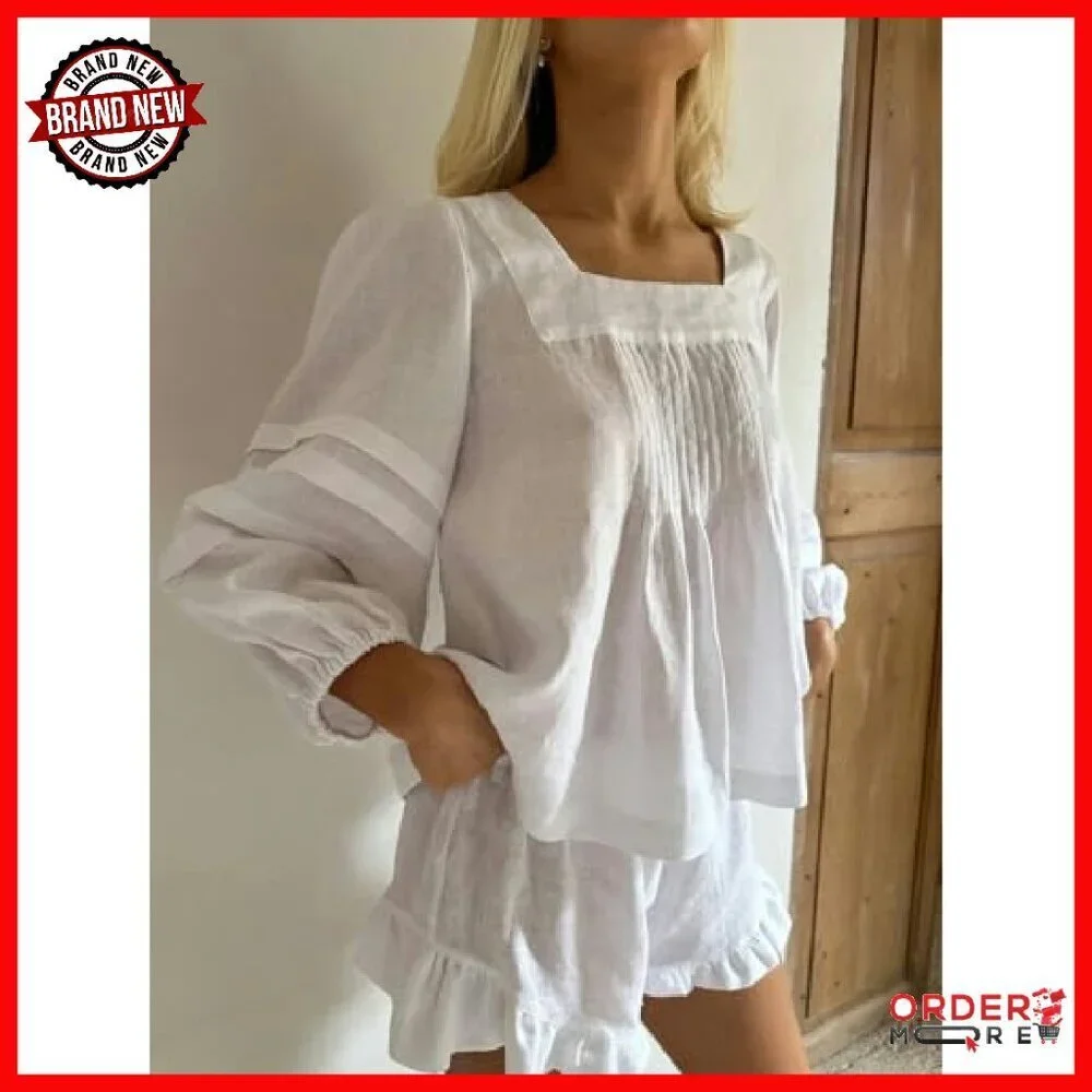 Cotton Pajama Set Puff Sleeve Top Ruffle Shorts Lounge Wear